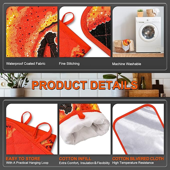 4 Pcs Lobster Claw Oven Mitts and Pot Holders Quilted Cotton Lining Design Heat Resistant Oven Gloves Set with Poth Holder Microwave Gloves Safe for Baking Cooking Barbecue