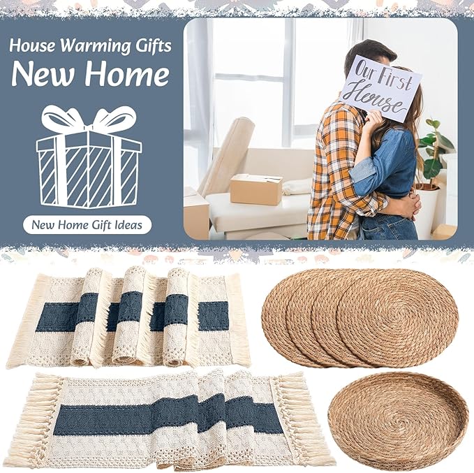 Boho Placemats 4/6/8 Set of Round Woven Placemat Macrame Style Bicolor Stitching Long Table Runner Farmhouse Rustic Natural Burlap Cotton for Kitchen Dining Table(4 Sets,Blue,12x72)