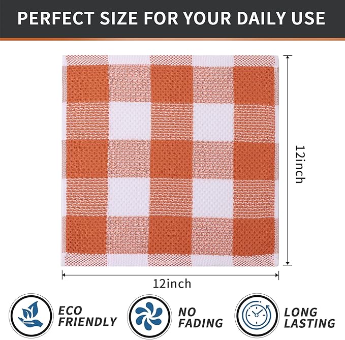 Mordimy 100% Cotton Waffle Weave Plaid Dish Cloths, 12 x 12 Inches, Super Soft and Absorbent Quick Drying Buffalo Check Dish Rags for Kitchen, 12-Pack, Orange & White