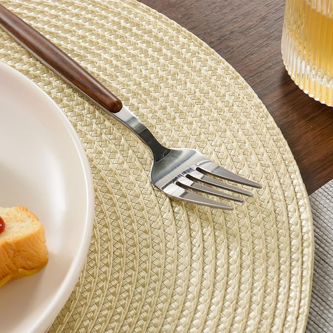 FunWheat Round Braided Placemats Set of 6 Table Mats for Dining Tables Woven Washable Non-Slip Place mats 15 inch(Beige, 6pcs)