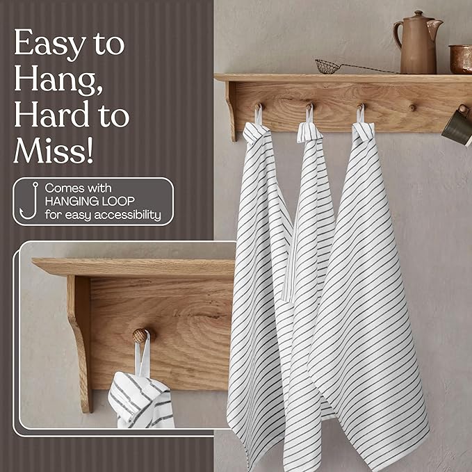 Black Stripe Kitchen Towels (3 Pack), 100% Cotton, Classic Striped Towel Set, Super Absorbent & Durable Dish Cloths, Quick Drying Fabric for Drying Dishes, Everyday Kitchen Cleaning