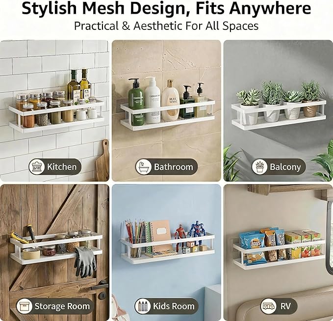 PUSDON 2-Pack 16.5" Extra Long Slim Shower Caddy, Adhesive Wall Mount Bathroom Organizer, Rustproof Open Frame Mesh Spice Rack for Kitchen, Holds 50LBS - White, Guardrail