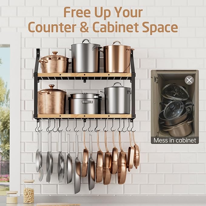 KES 132lb Heavy Duty Hanging Pot Rack Wall Mounted, 34 Inch Solid Wood Pot Rack Wall Mounted with 20 Sturdy Hooks, 2-Tier Wooden Pots Hanger Organizer Matte Black, KUR529S85B-BK