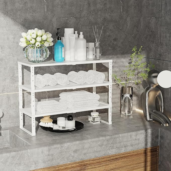 Jojocross Expandable Cabinet Shelf Organizer Storage Spice Rack Shelves for Kitchen Stackable Adjustable Pantry Cupboard Bathroom Countertop Desktop(1Pack/White/Medium-with Hole)