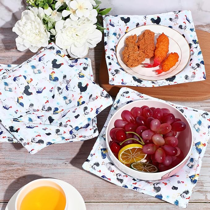 Cunhill 4 Pcs Cotton Microwave Bowl Cozy Holders for Hot Food Hot Pads Soup Bowl Potholders Heat Resistant Multipurpose Quilted Safe Holders for Kitchen Plate Supply(Multi Color,Rooster Style)
