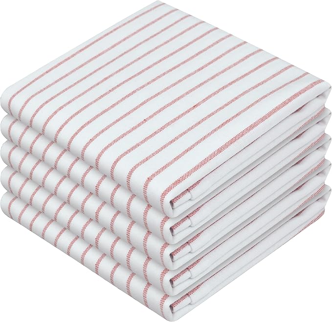 Rust Stripe Dish Towels, 5 Pack, 100% Cotton, Super Absorbent and Quick Dry, Classic Striped Kitchen Towel Set, Durable Wash Cloths for Kitchen Use, Cleaning & Drying Dishes