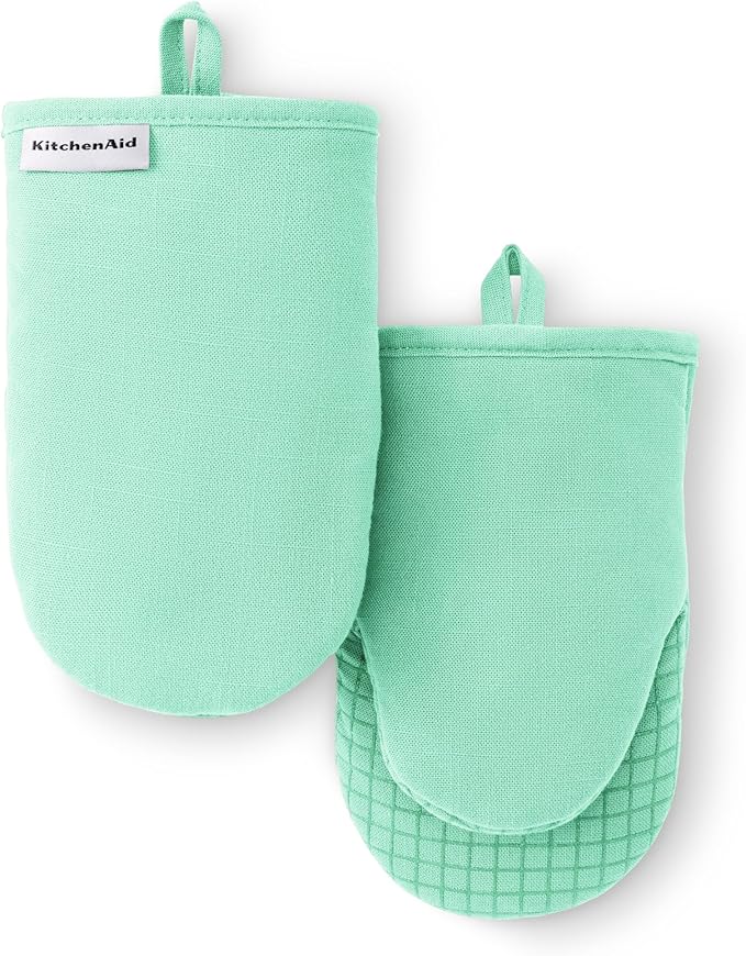 KITCHENAID Gourmet Series Gridlines Mini Oven Mitts 2-Pack Set, Heat Resistant up to 600°F, Soft Silicone Grip, Magnetic Cuff, Color of The Year, Spearmint, 5.5"x9"