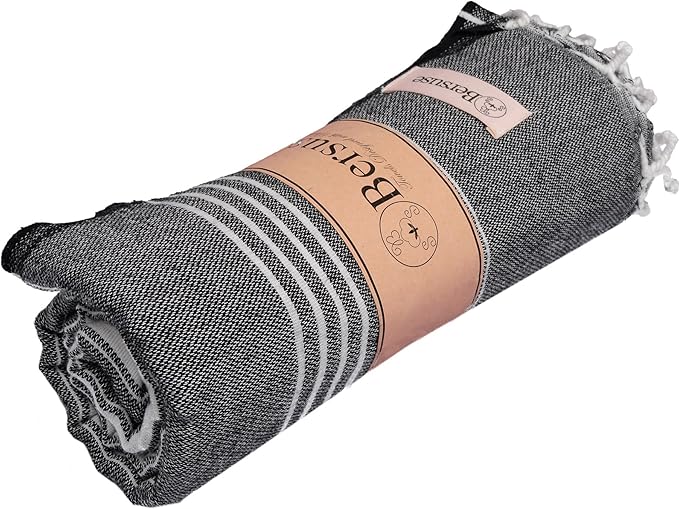 Bersuse Towels Anatolia XL Beach Blanket Throw Blanket Turkish Towel 100% Cotton Extra-Large Quick-Dry Lightweight Premium Peshtemal Towel - 61x82 Inches, Black (Set of 3)