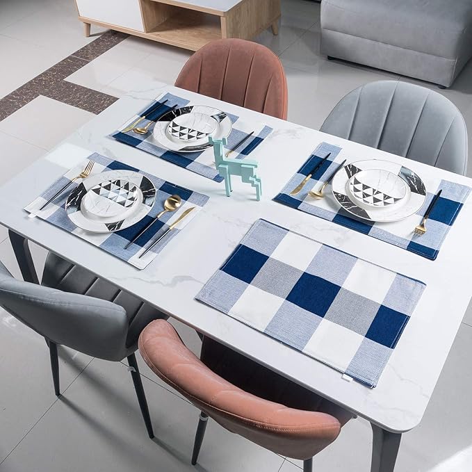 Blue Placemats Set of 4, Linen Buffalo Plaid Double Layer Spring Placemats Check Kitchen Table Mats,Waterproof Heat Resistant Durable Cloth Washable Placemats 12 x 18 Inches