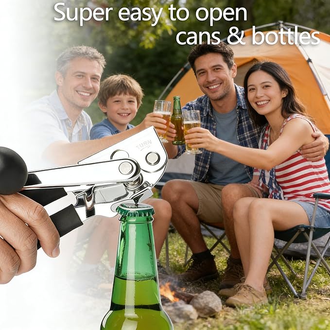 Manual Can Opener Heavy Duty Smooth Edge - Bottle Opener Combo for Seniors Adults, Stainless Steel Kitchen Camping Tool, Safe Easy to Use, Black