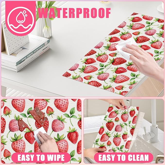 Spring Summer Strawberry Placemats Set of 6,12x18 Inch Sweet Fruit Linen Place Mat Washable Stain Resistant Table Mats for Seasonal Farmhouse Kitchen Party Home Decor