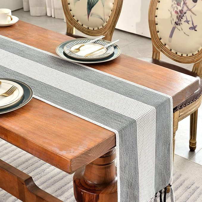 Wracra Linen Table Runner, Farmhouse Macrame Table Runners 108 Inches Long for Dining Table Decor, Wedding, Party and Dresser Decor (Black,108")