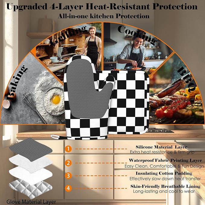 Checkerboard Oven Mitt and Pot Holder with Silicone Heat Resistant Kitchen for Cooking BBQ Baking Grilling Cooking Protection