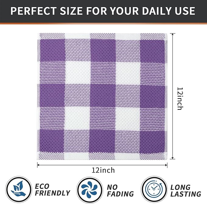 Mordimy 100% Cotton Waffle Weave Plaid Dish Cloths, 12 x 12 Inches, Super Soft and Absorbent Quick Drying Buffalo Check Dish Rags for Kitchen, 6-Pack, Purple & White