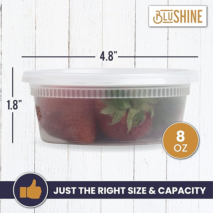BluShine [40 Sets] 8 oz. Plastic Deli Food Storage Containers with Airtight Leak Proof Lids - Reusable - Microwave, Fridge, and Freezer Safe