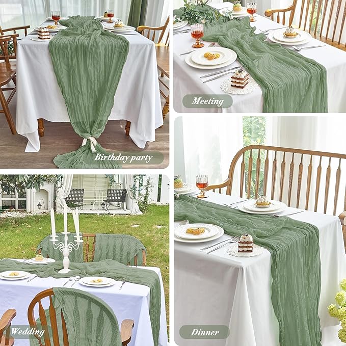 IVAPUPU 4 Pcs Cheesecloth Table Runner - 10ft Sage Green Spring Boho Gauze Cheese Cloth Table Runners for Baby Shower Decorations Wedding Party Garden Farmhouse