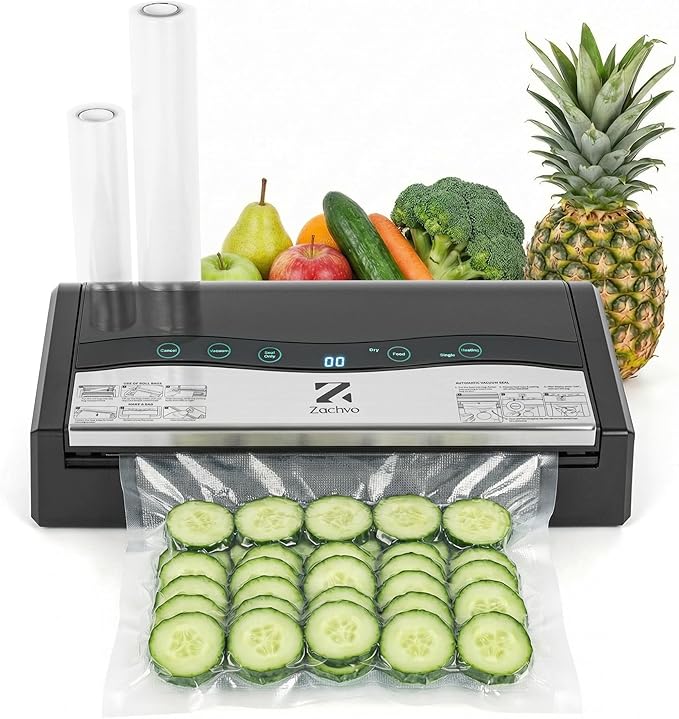 90kPa Vacuum Sealer Machine, Automatic Food Sealer with Double Heat Seal Option, Dry & Moist Modes, Built-in Cutter and Bag Storage, Starter Kit with Bag Rolls and Hose, Black