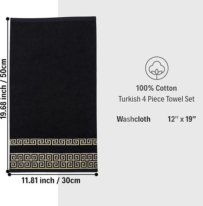 4 Piece WashCloth Set with Greek Key Design - 100% Cotton Soft & Absorbent Bathroom 12x19 in Small Towels - Soft Face Towels, Quick Dry Black Wash Cloth for Spa, Hotel & Home Use CC1