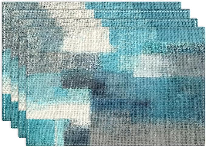 Emvency Farmhouse Placemats Set of 4, 12x18 Inch Modern Teal and Grey Abstract Art Painting Table Mats for Outdoor Home Party Kitchen Dining Decoration