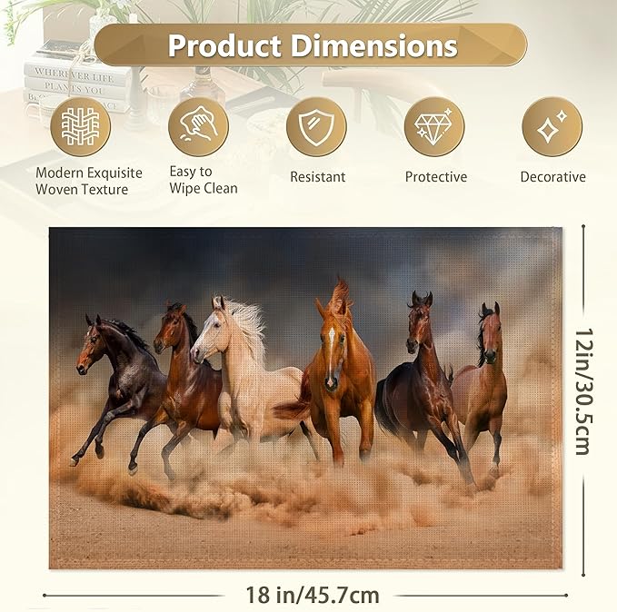 Horse Herd Run in Desert Placemats Set of 6,12x18 Inch Table Mats forKitchen Table Washable Farmhouse Linen Table Mats Dining Decoration