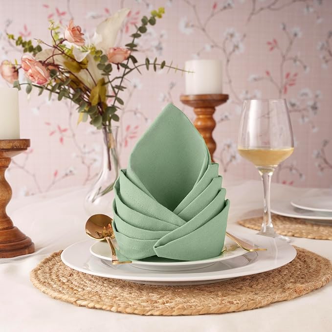 Blue Needles Solid Cloth Napkins Set of 12 Sage Green 100% Cotton Dinner Napkins 18x18 inches - Soft, Reusable, Absorbent & Washable Linen, Ideal for Christmas Events, Parties & Everyday Use
