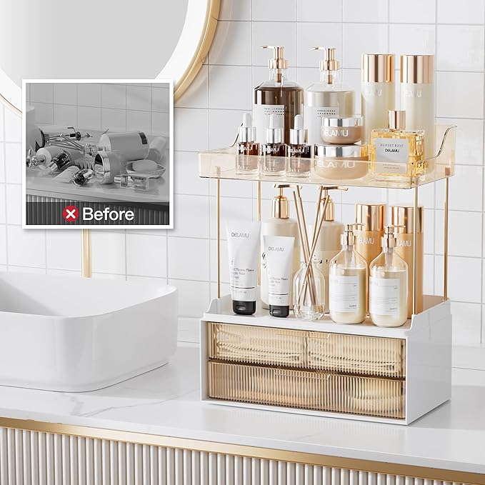 Delamu Bathroom Organizers and Storage, 2 Tier 2 Drawer Makeup Organizer Countertop, Easy to Install, Ideal for Bathroom Counter, Vanity, Ideal for Women Girls, Amber