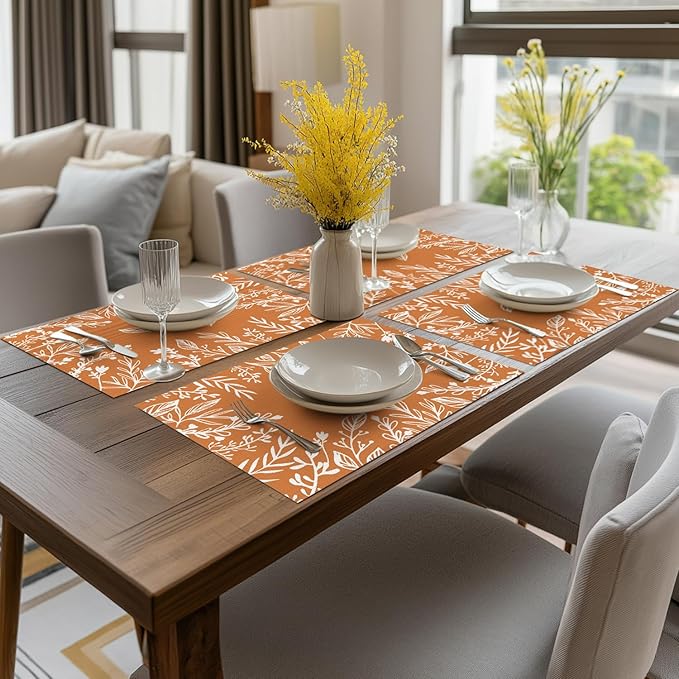Artoid Mode Orange Weed Wild Flower Vinyl Plastic Placemats Set of 4, 12x18 Inch Woven Washable Non-Slip PVC Place Mats for Party Kitchen Dining Decor