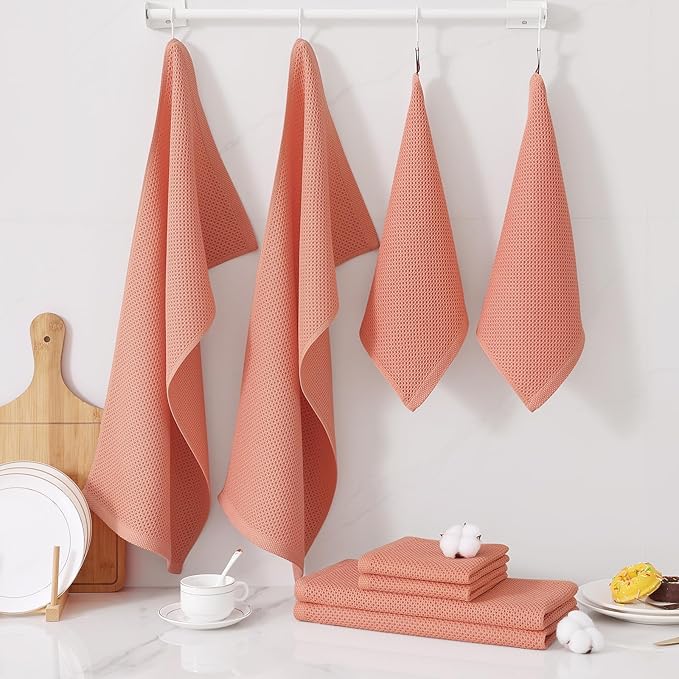 Homaxy 100% Cotton Kitchen Towels and Dishcloths Set, 12 x 12 Inches and 13 x 28 Inches, Set of 8 Bulk Kitchen Towels Set, Ultra Soft Absorbent Dish Cloths for Washing Dishes, Coral