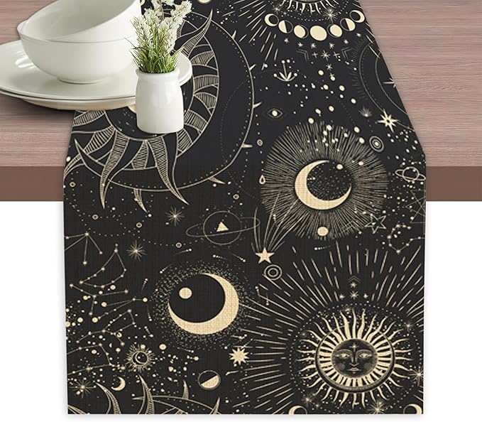 Moon Phases Lunar Change Table Runner Dresser Scarves Seasonal Linen Tablerunner for Indoor Outdoor Kitchen Home Party Holiday Dining Table Decor 13 X 70 Inch