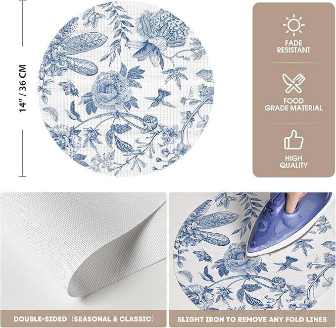 Artoid Mode Blue Floral Vinyl Round Spring Placemats Set of 4, Washable Heat Resistant Non-Slip Woven Summer Plastic PVC Place Mats for Farmhouse Party Kitchen Dining Decor