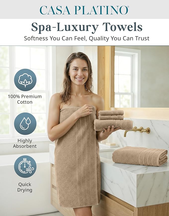 Casa Platino 18 Pcs 100% Cotton Towel Set - Soft, Absorbent & Perfect Family Set - 6 Bath, 6 Washcloths, 6 Hand Towels for Bathroom - Ideal for Home, Spa & Gym - Quality You Can Trust - Beige