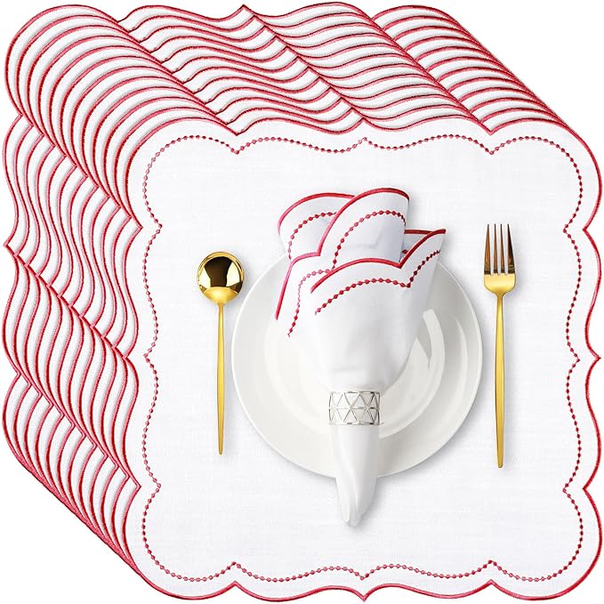 Hahafelt Cloth Napkins 18x18inches Scalloped Embroidery Cloth Napkins Washable Polyester Table Dinner for Hotel Restaurant Weddings Events Parties (Red,12 Set)