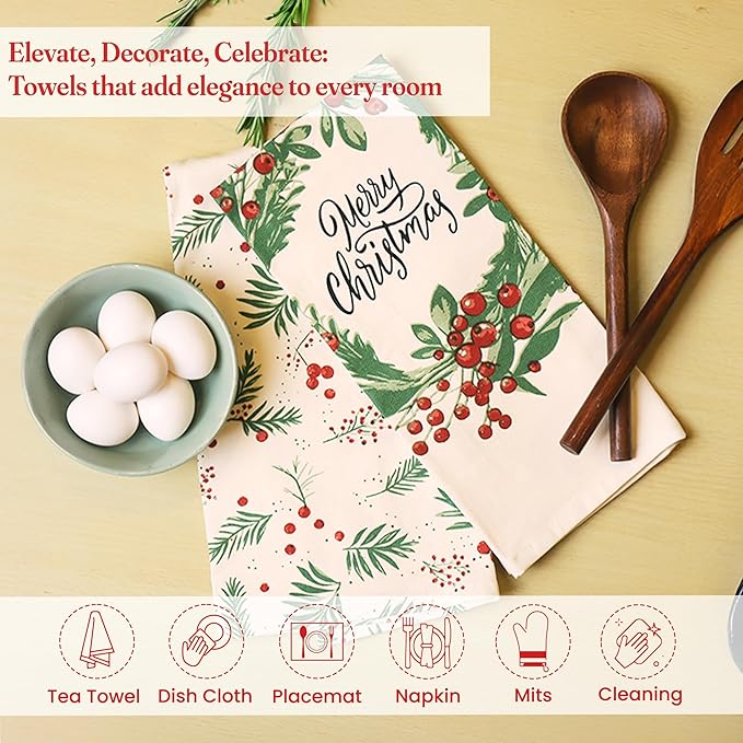 The Fine Living Co. 100% Cotton Kitchen Towels Set of 2, 18 x 28 inches, Merry Christmas Printed Dish Towels, Hand Towels, Boho Tea Towels - Multifunctional, Stylish, Absorbent, Quick Dry, Soft