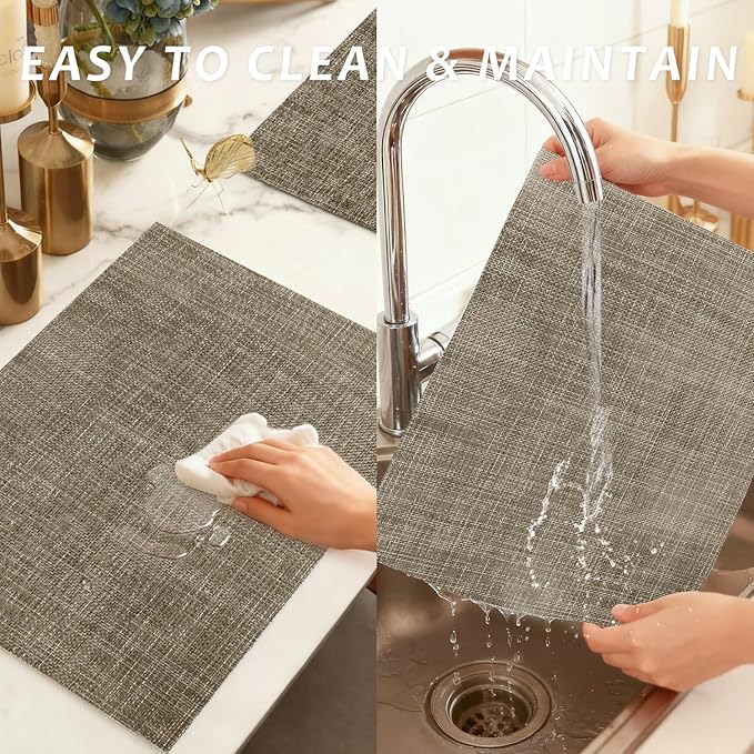 Durable Vinyl Placemats Set of 16, Non-Slip for Dining Table Mat, Heat Resistant Place Mats, Washable Anti-Slip PVC Easy to Clean Wipeable Premium Plastic Mats for Kitchen Brown