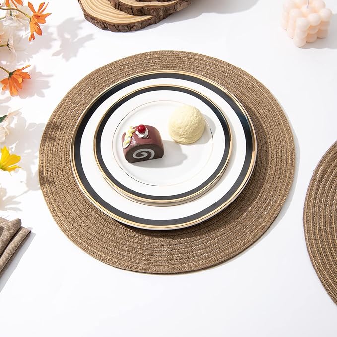 SHACOS Round Braided Placemats Set of 8 Washable 15 inch Round Table Mats Woven Place Mats for Dining Table (Brown, 8)