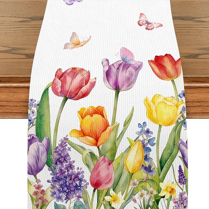 Tulips Table Runner, Spring Floral Table Runner 13x72 Inch, Pink Yellow Butterfly Pattern for Kitchen Dining Table, Indoor Outdoor Home Party Decor