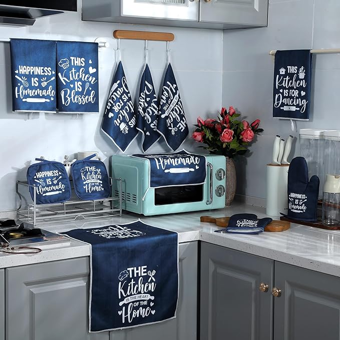 12 Pcs Farmhouse Kitchen Decor Sets 4 Blue Kitchen Hand Towels 4 Dish Clothes 2 Navy Blue Pot Holders 2 Rustic Oven Mitts Glove Hand Towels and Dishcloths Sets for Home Decor Accessories Mom Gift