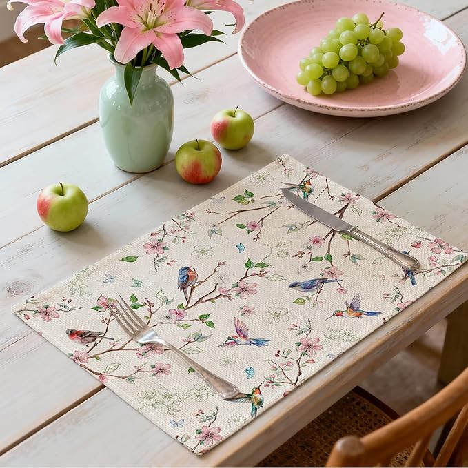 Spring Placemats Set of 4 12x18 inch for Dinning Table - Floral Bird Branch Spring Decor for Party, Dinner - Farmhouse Seaosonal Table Mats Floral Decroations for Home