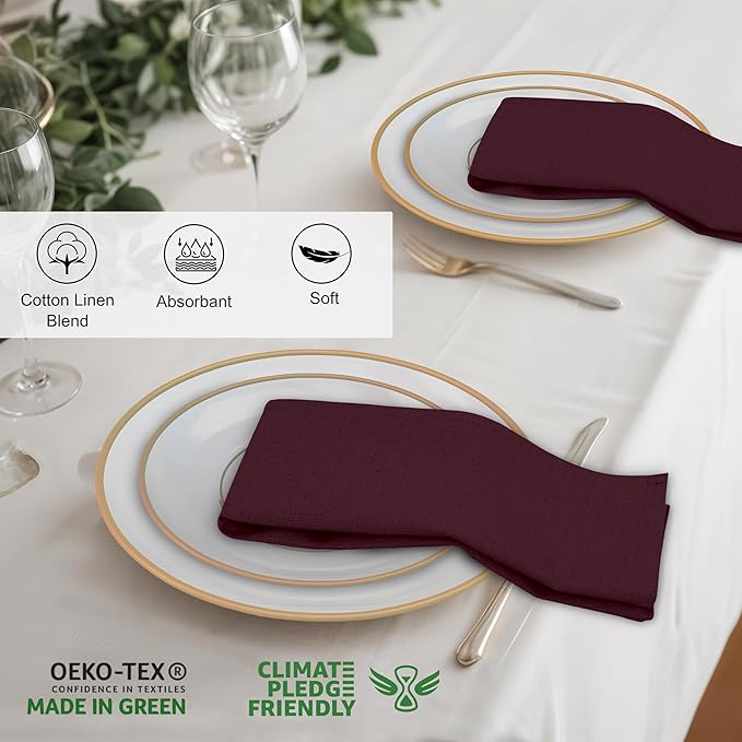 Ruvanti Linen Napkins Set of 12, 18x18 Cloth Napkins, Cotton Linen Blend Napkins Cloth Washable, Soft, Reusable Dinner Napkins for Wedding, Parties, Christmas, Thanksgiving, Everyday Use - Burgundy