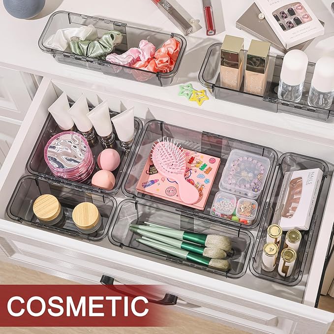8 PCS Black Expandable Drawer Organizer, Medium Drawer Organizers and Storage, Vanity Dividers, Acrylic Storage Bins for Makeup, Jewelry Gadgets for Kitchen, Bedroom, Bathroom, Office