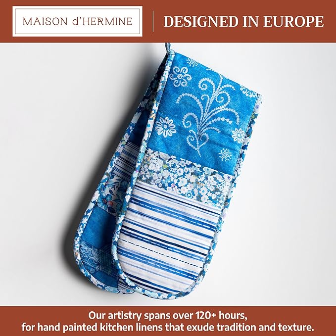 Maison d Hermine Summer Blue 100% Cotton Easter Double Oven Glove with Loop Heat Resistant for BBQ | Cooking | Baking | Grilling | Microwave | Barbecue | Spring/Summer (7.5 Inch by 35 Inch)