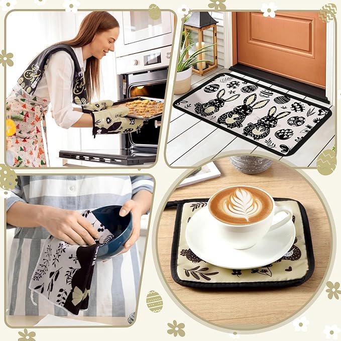Fourluoo 10 Pcs Easter Bunny Kitchen Decor Set Easter Kitchen Towels Oven Mitts and Pot Holder Spring Eggs Flowers Rugs and Mats Black Rabbit Gloves Potholders for Farmhouse Rustic Baking Cooking BBQ