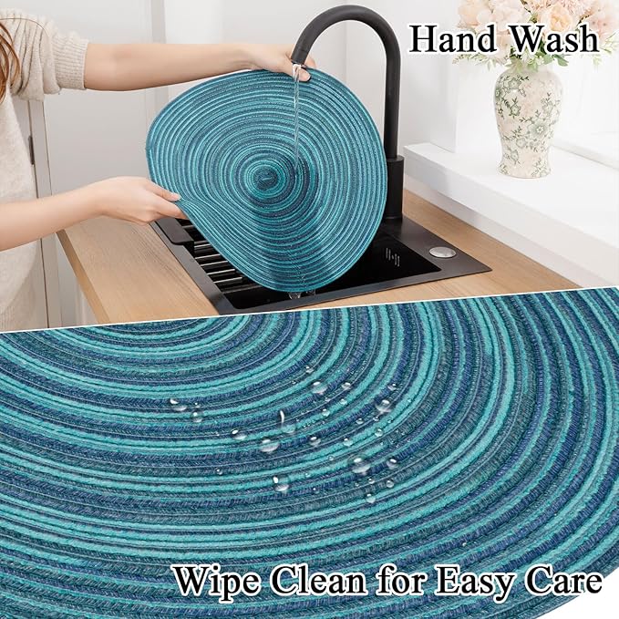 SHACOS 15 inch Round Placemats Set of 8 Variegated Multicolor Place Mats Cotton Polyester Braided Non Slip Washable Heat Resistant Table Mats for Home Wedding Dinner Party Table Decor, Rainbow Teal
