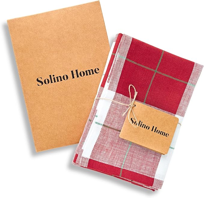 Solino Home Linen Kitchen Towels 17 x 26 Inch - 100% Pure Linen Red and White Very Merry Tartan Plaid Kitchen/Tea Towels Set of 2 - Handcrafted and Machine Washable