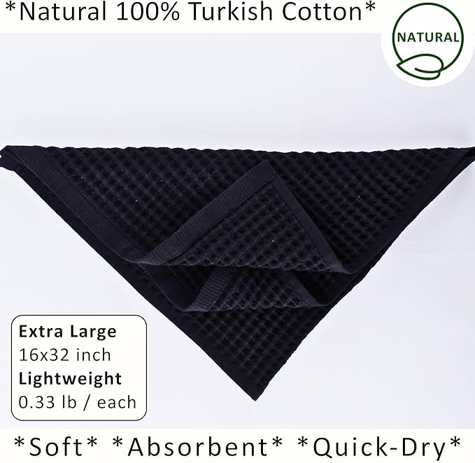 PÜSKÜL Natural 100% Turkish Cotton Waffle Kitchen Towels Set of 3 | Oeko-Tex, Premium Waffle Hand Towels for Bathroom | Soft Absorbent Quick-Dry Lint-Free Dish Towel Large 32x16 inch (3, Black)