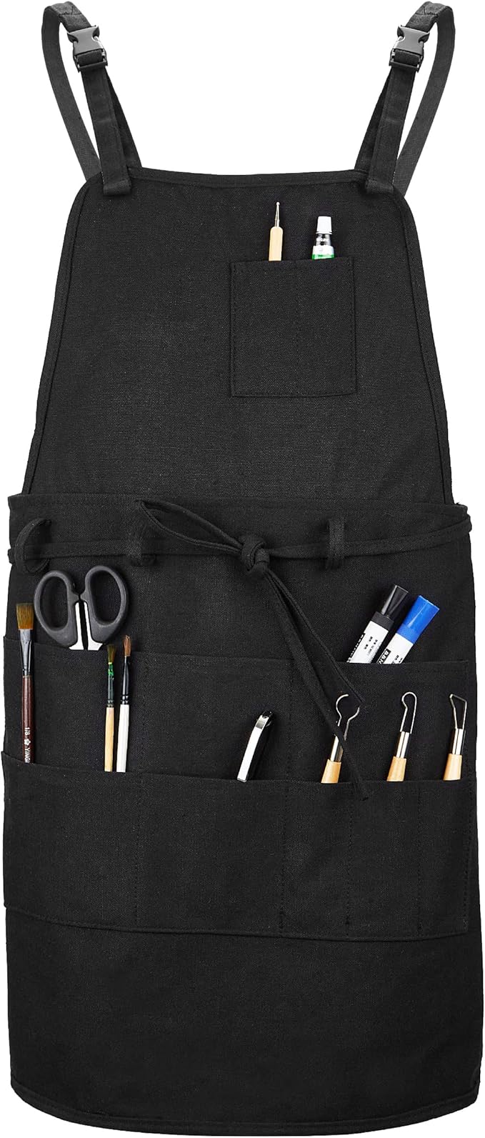 MyLifeUNIT Artist Apron, Adjustable Painting Apron with 10 Pockets for Arts and Craft, Black Canvas Pottery Apron for Women Men (Shoulder Straps Apron)