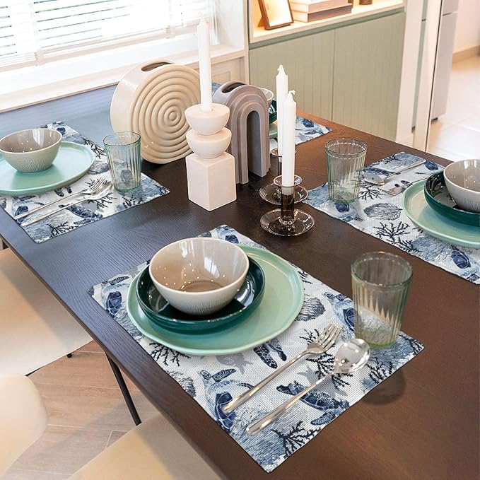 Ocean Themed Linen Placemats Set of 4, Blue White Turtle Coral Heat-Resistant Washable Non-Slip Place Mats for Kitchen Dining Table, Gift for Navy Beach Sea Life Lovers, Kitchen Home Decor Essential