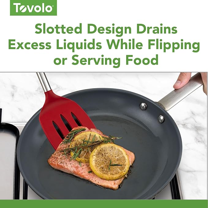 Tovolo Slotted Silicone Spatula Turner Slotted Stainless Steel Handle 10" Cayenne Red Heat Resistant Non Toxic BPA Free Kitchen Utensil, Silicone Egg Pancake Flipper Metal Handle Turner for Cooking