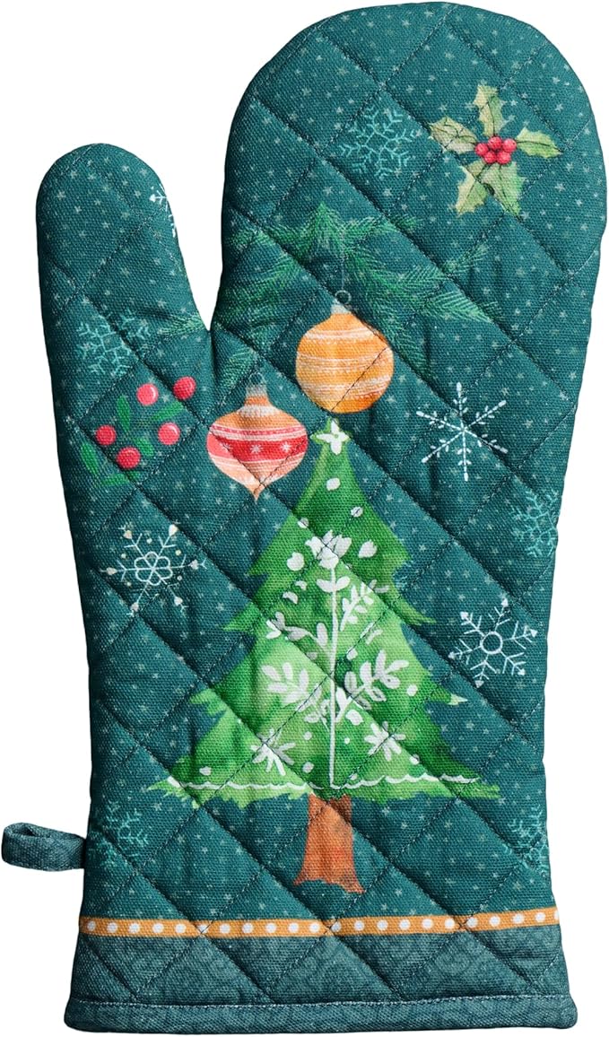 Maison d' Hermine Oven Gloves 100% Cotton Oven Mitt 7" x 13" with Loop Heat Resistant BBQ Cooking Gloves for Thanksgiving Christmas Decorations Baking Handling Hot Pans (Pack of 1, Hygge Christmas)