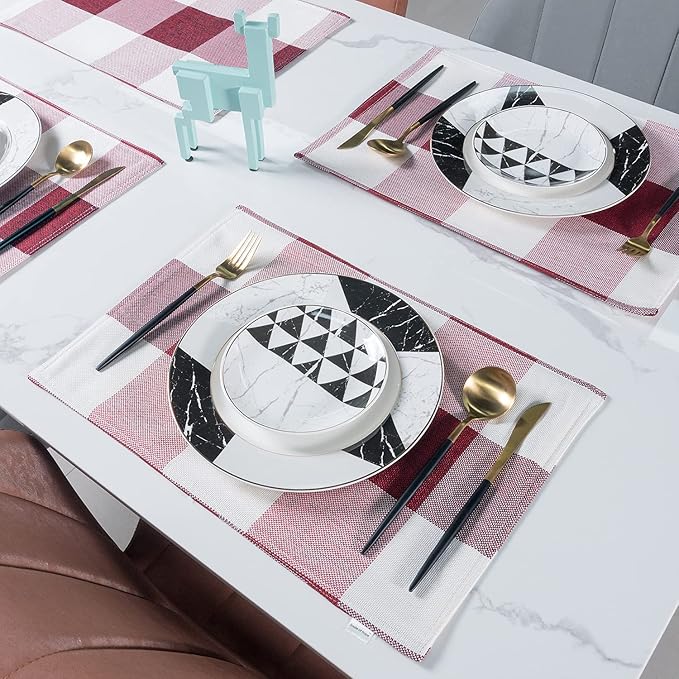 Burgundy Red White Buffalo Plaid Placemats 13 x 19 Inches Set of 4,Linen Checkered Double Layer Placemat Decorative Kitchen Table Mats,Waterproof Heat Resistant Durable Cloth Place Mats